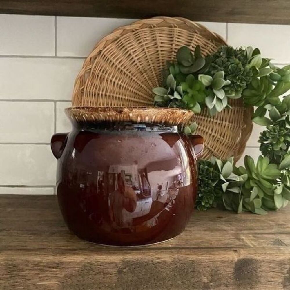 Vintage Hull Stoneware Brown Drip Glazed Pottery Large Bean Pot  Bowl